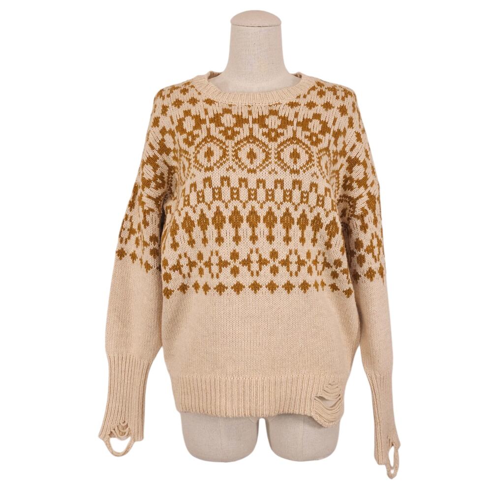 NSF Elsa Boyfriend Intarsia Distressed Knit Sweater Tan Brown Extra Small